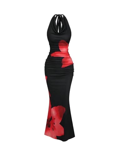 SweatyRocks Neckholder Kleid Damen Lang Elegant Maxikleid Mit Blumen Hochzeitsgast Kleid Bodycon Blumenkleid Abendkleider Partykleid Cocktailkleider...