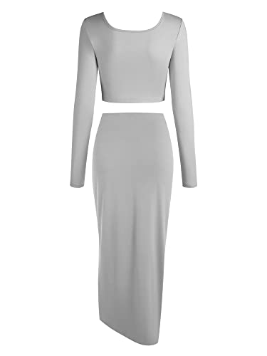 Zaful Women's Casual Long Sleeve Two Piece Dress Set Crewneck Crop Tops And Sexy Split Ruched Maxi Skirt Outfits Suiting (O-Light Grey,S) #TOP3