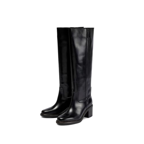 sarawill Women's Retro Round Toe Block Heel Knee High Boots Calf Wide Fashion Pull On High Chunky Heel Fall Winter Dressy Tall Boots for Women