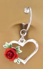Fake Belly Navel Non Clip on Piercing Red Rose Heart Dangle Ring