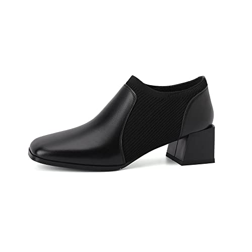 TinaCus Handmade Women's Genuine Leather Slip On Stretch Square Toe Mid Chunky Heel Pumps Shoes