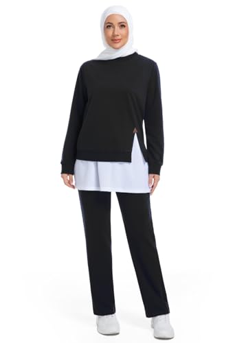 Muslim Women's Activewear Set Long Sleeve Athletic Top with Loose Pants Modest Workout Outfit for Gym - Main Image
