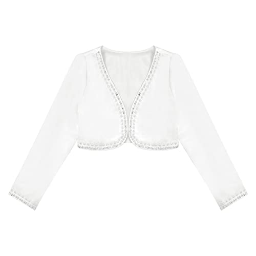 Kids Satin Beaded Flower Girl Bolero Shrug Dress Coat Long Sleeve Cardigans Short Jacket Formal Cover up3
