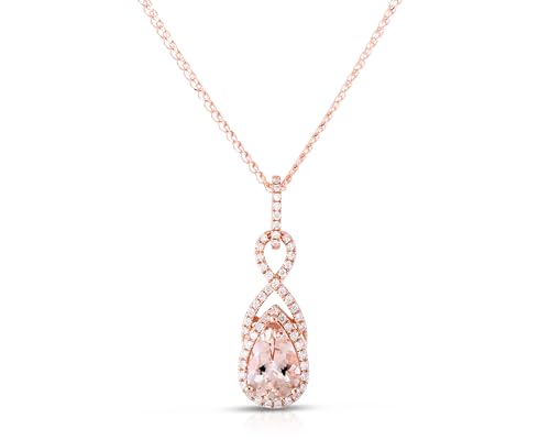14K Rose Gold Genuine Morganite 1-1/10 Ct Pear shaped, Diamond Necklace Pendant