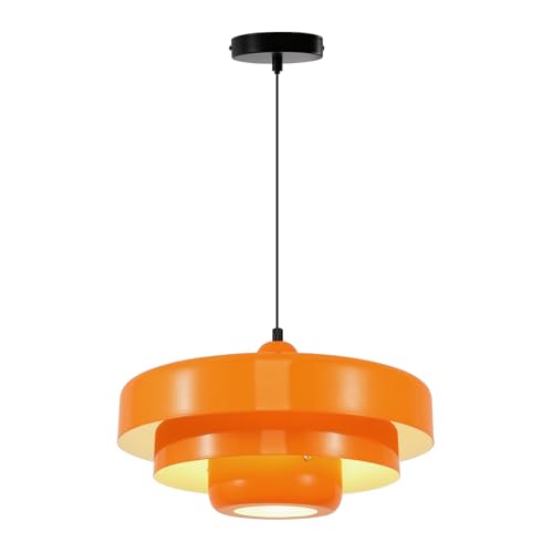 Image of Modern Orange Pendant Lights Kitchen Island Nordic Flush Mount Ceiling Light with 3-Tiers Metal Shade Farmhouse Chandelier for Dining Room Light Fixtures Closet Bedroom