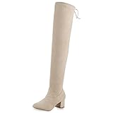  VAN HILL Damen Overknees Stiefel Blockabsatz Schuhe Klassische Basic Langschaftstiefel Freizeit Boots Schnürer 208979 Beige 37