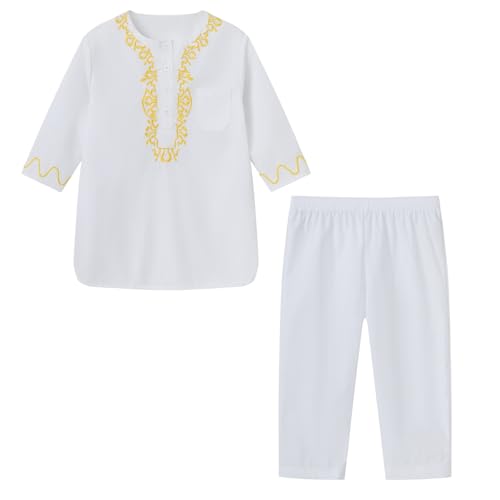 Kids Girls Boys 2 Piece Outfit Set Toddler Traditional African Long Sleeve Embroidery Dashiki Shirt and Pants Clothes