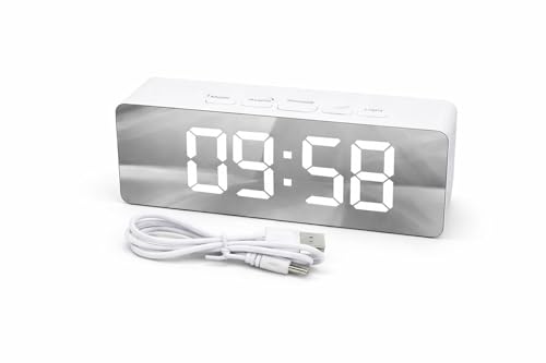 Image of LED Mirror Display Clock with Alarm, Snooze, and Adjustable Light, USB Powered, White