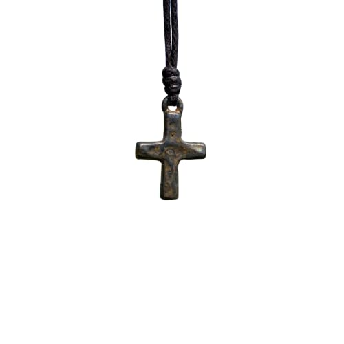 Small-Gold-Hammered-Cross-Necklace-Religious-Jewelry-Mens-Faith-Catholic-Women-Men-Gifts-Protect-Us-Father-Christmas-Gift-Best-Friend-Rustic-Brown