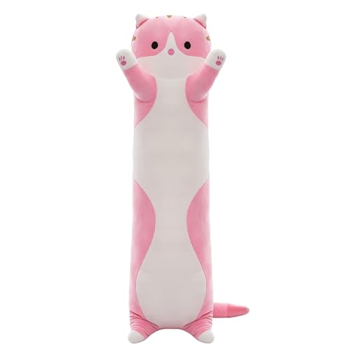 SHINUOER Cute Cat Plush Long Body Pillow – Soft Cartoon Stuffed Animal Doll, Kawaii Cat Plushie Cuddle Toy Gift for Kids, Girls & Girlfriend (Pink, 19.7 Inch)