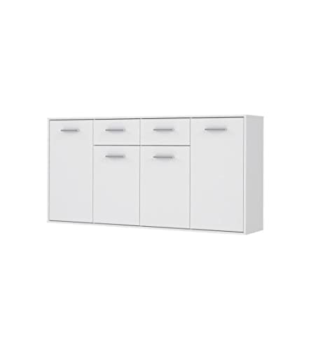 Forte ANTUZA Kommode 160 170, Moderne Kommode mit 4 Türen und 2 Schubladen, weißes Sideboard, Holzwerkstoff, Weiß, 162,3 cm breit x 88,1 cm hoch x 34,2 cm tief