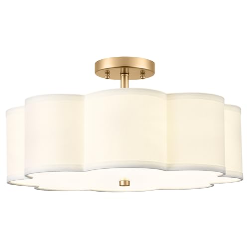 Image of Gold Semi Flush Mount Ceiling Lights, 4-Light 18 inch Ceiling Light Fixtures with Fabric Shade in Flower Shape, Farmhouse Brass Drum Lighting for Nursery Bedroom Kitchen, AD-22009-4SF-GD