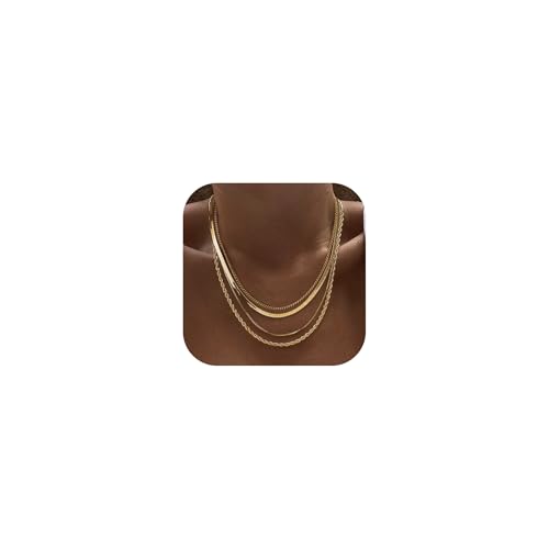 Layered Gold Necklaces Non Tarnish- Chunky 14k Gold Plated Herringbone/Snake/Rope/Box/Cuban Link Chain for Women Waterproof Layering Stack Choker Necklace Trendy Dainty Tarnish Free Gold Jewelry Set