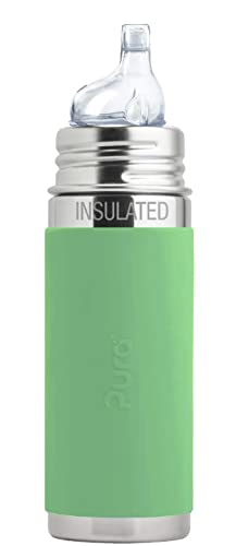 Pura Kiki 9oz/260ml Stainless Steel Insulated Sippy Bottle w/Sleeve Plastic-Free MadeSafe Certified Medical-Grade Silicone Sipper Spout Fast Flow Rate for Kids Toddlers Babies & Infant Moss