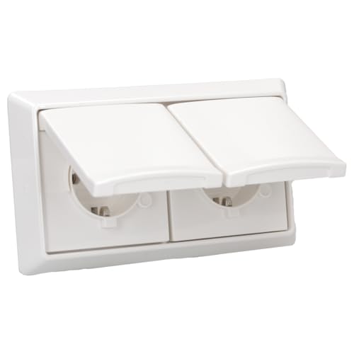Busch-Jaeger Allwetter 44 Set: 2x SCHUKO Unterputz Steckdose mit Klappdeckel 20 EUGK-34-101 + 2-fach Rahmen 2102-34 Alpinweiß UP IP44