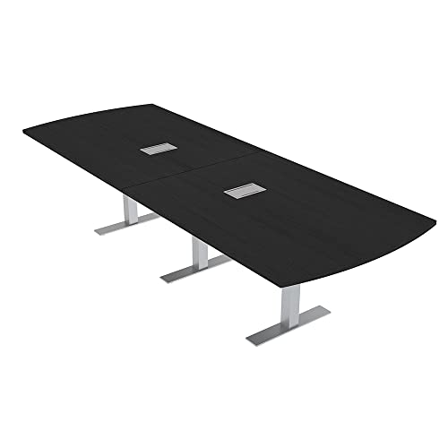 10 Person Arc Rectangle Conference Table with Power & Data | Brushed Silver Metal T-Bases | Harmony Series Modular Meeting Tables for Offices, Training Rooms, & Homes | Black Cypress - 4X10