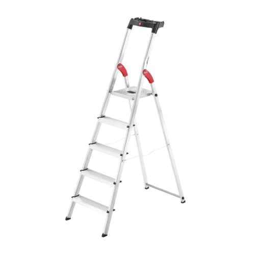 Hailo L60 Standardline | Aluminum Folding Stepladder | Five Steps | Integrated Multifunctional Storage Tray | Stable Tie Bar Guide | Patented Hailo Hinge Protection | Rustproof | Silver,8160-527 #TOP27