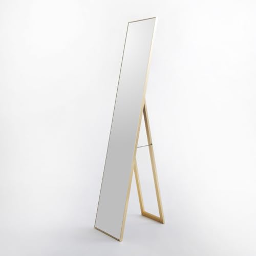 LOLAhome - Espejo de pie de Cuerpo Entero con Marco de Madera Dorado de 151x31 cm. Pie Plegable para Colgar en la Pared. Ideal para vestidores y dormitorios. Moderno, Minimalista, Ligero y Estable.