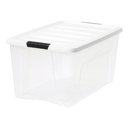 Image of IRIS USA 72 Qt Stackable Plastic Storage Bins with Lids, 4 Pack - BPA-Free, Made in USA - See-Through Organizing Solution, Latches, Durable Nestable Containers, Secure Pull Handle - Clear /White