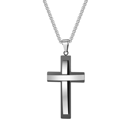 KDFIYSCV Collares de cruces con capas elegantes para hombres, colgante de cruz de color plata negra de dos tonos, collar de oración religioso