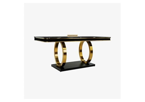 Image of 6-Seater Dining Table with Nano Composite Marble Top and PVC Golden Wooden Base |2yr Warranty - Includes 6 Fabric Upholstered Chairs (Black)