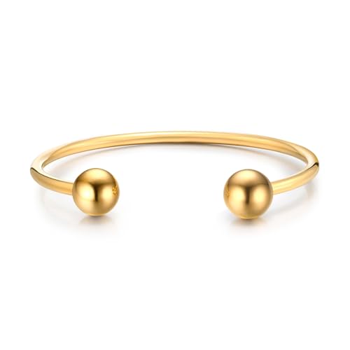 MEALGUET Jewelry Gold Plated Stainless Steel Polished Simple Cuff Bangle Ball Ends Open Bangle Bracelets for Women