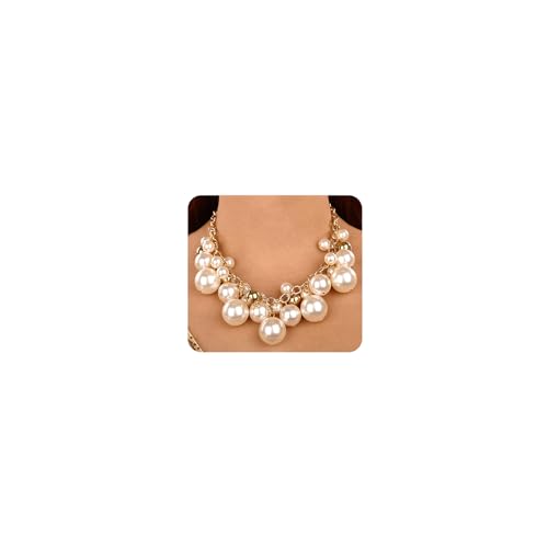 Wiwpar Women Statement Gold Short Chain Pendant Pearl Necklaces Chunky Faux Pearl Cluster Collar Bib Choker Necklace and Earrings Set for Women Gift