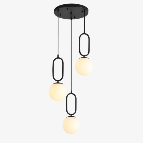 Image of 3-Light Mid Century Modern Pendant Lights Fixture with White Glass Globe Shade Vintage Black Hanging Light Retro Industrial Pendant Light for Bedroom Living Dining Room