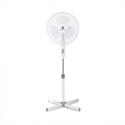 Straame 16 Inch White Pedestal Fan, Quiet Standing Fan, High Performance Fan, Adjustable Height up to 140 cm, 3 Speed Settings, Tilting Head, Low Energy 45W Cooling Fans for Houses and Offices