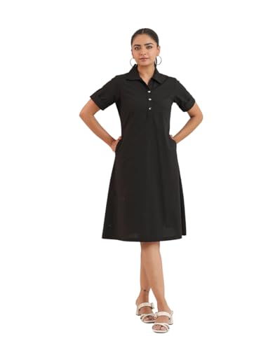 Image of Amazon Brand - INKAST Women Wide Collared Solid A -line Bottuned Mini Dress with Pockets | Summer Outfits | 100% Cotton | Casual Wear | One Piece