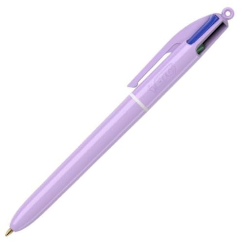 BIC – 1 bolígrafo clásico de 4 colores (negro, azul, verde y rojo) – Decoración de color morado pastel – Punta media: 1 mm