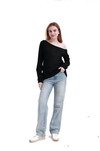 Image of MAGICMK Woman's Sweatershirt Lips Print Causal Blouse Off The Shoulder Long Sleeve Loose Slouchy Pullover Plus Size Tops