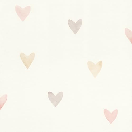Rasch Tapete 301717 - Vliestapete mit bunten Herzen in Aquarelloptik, Kindertapete Herzmuster Rosa, Beige, Grau - Kollektion Kids World