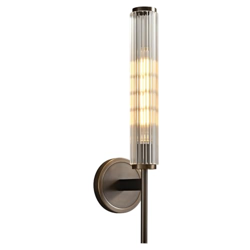 Antique Brass Wall Sconce,Bathroom Wall Light with Grooved Glass Tube Shade by fansimone - Used condition - Image 7
