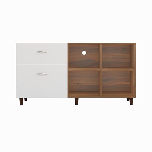 Image of VIKI Modern TV Unit for Living Room | Engineered Wood TV Cabinet with 2 Drawer Storage & 2 Open Shelves, Entertainment Unit, 140W x 74H x 40D cm | DIY | 1 Year Warranty (Walnut & White)