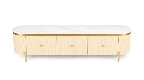 Image of Mazzo White Marble TV Unit Console | 70 inchx15 inchx18 inch | Golden Legs & Charcoal Louvers | Storage Drawers | Modern TV Stand Console Unit White Marble Top with Gold Accents, Storage (Ivory)
