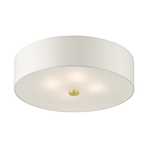 Image of Livex Lighting 51055-12 4-Light Semi Flush Ceiling Light, Satin Brass | Off-White Hardback Fabric Shade