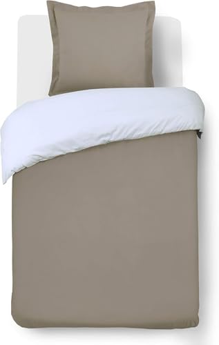 Vision - Vision Parure de Lit Réversible 100% Coton Lit Simple - Blanc Taupe | 1 Housse de Couette (140x200cm) + 1 Taie d'oreiller (65x65cm) | 57 Fils/cm² | Doux, Résistant, Confortable | Certifié Oeko-Tex - -5%