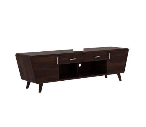Image of Sheesham Wood TV Unit with 2 Drawers, 2 Shelves, and 2-Door Storage - Fits up to 60-inch TV - Solid Living Room Furniture (Ezra, Walnut Finish)