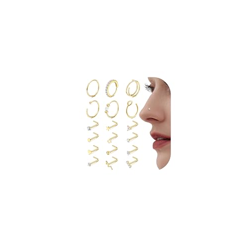 Diamday 18Pcs Nose Ring for Women Men 14K Gold 18G Hypoallergenic Surgical Steel L-Shape Nose Stud Nose Rings Hoops Snake Opal CZ Geometric Nostril Piercing Helix Tragus Ear Body Jewelry
