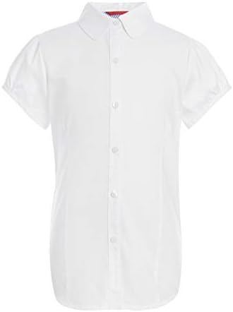 Tommy Hilfiger Big Short Sleeve Pinpoint Girls Oxford Collar Blouse, Kids School Uniform Clothes, White, 16