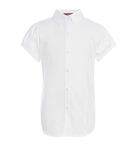 Tommy Hilfiger Big Short Sleeve Pinpoint Girls Oxford Collar Blouse, Kids School Uniform Clothes, White, 12 #TOP30