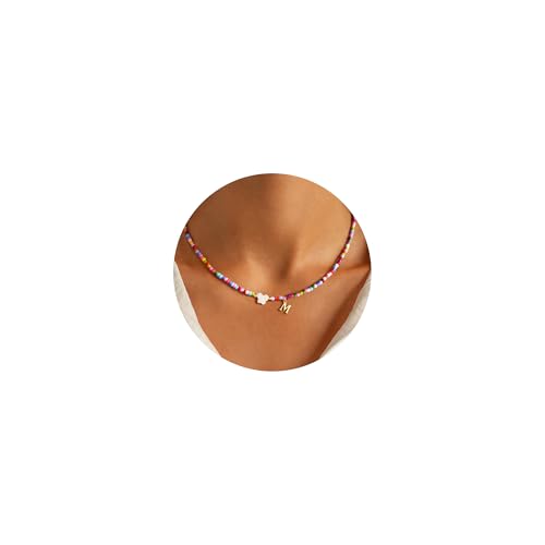Turandoss Cadena con letras para mujer, chapado en oro de 14 quilates, cadena de letras de mariposa, cadena de perlas coloridas con iniciales de la A a la Z, collar para niñas, regalos para mujeres