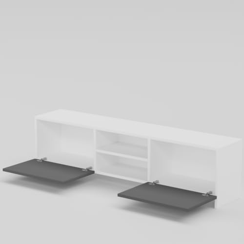 Image of Modern Living Room TV Stand with Open Display Compartment, Dual Side Storage Units, and Clean Contemporary Design for Home Decor | Assembly-DIY | Color-White & Grey
