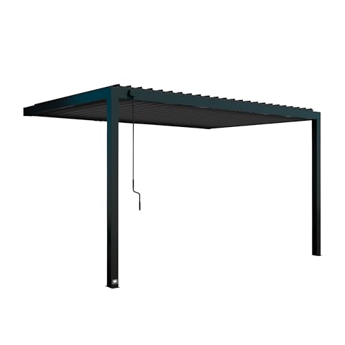 Image of Backyard Discovery Evanston 14'x10' Galvanized Steel Wall-Mounted Louvered Pergola Kit with Adjustable Roof, Shade, Rain Protection, High-Wind Rating, PowerPort, Gutter System for Outdoor Patio, Deck