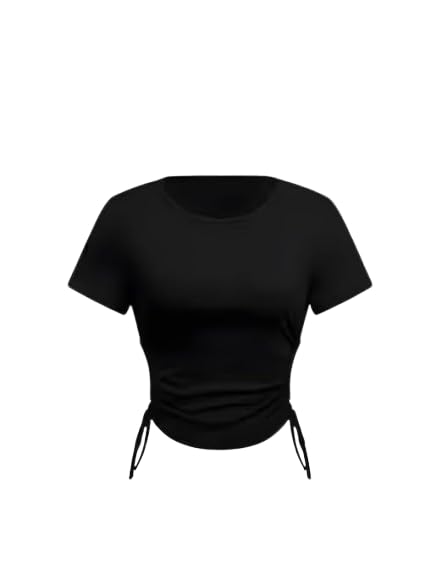 teixeira Womens Black Ruched Crop Top Slim Fit Drawstring Side Tshirt Stretchy Fitted Basic Crop Tee for Casual Streetwear-picture-22