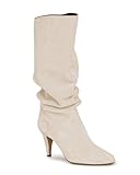 Womens Slouchy Knee High Boots Wide Calf Kitten Heel Pointed Toe Pull On Long Boots Winter Shoes Off-White