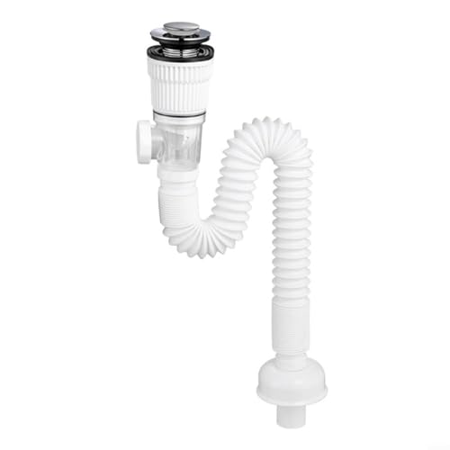 Washbasin Drain Fitting Kit Flexible Siphon Drainer Set 360-880mm Extendable Pipe for Bathroom Sink Pop-Up Drain 40-50mm Diameter White Stainless Steel ABS