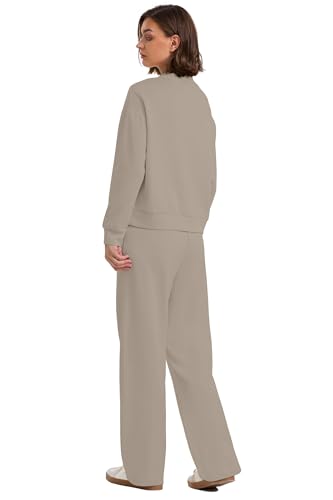 Image of WIHOLL Two Piece Sets for Women Fall Outfits Lounge Sets Mock Neck Tops Wide Leg Pants Vacation Travel Airport Outfits