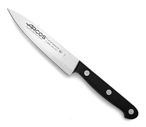 Arcos Cuchillo Chef Acero Inoxidable. Cuchillo cocina para cortar y pelar alimentos pequeños. Mango ergonómico polioximetileno y Hoja 120 mm. Serie Universal. Color negro.